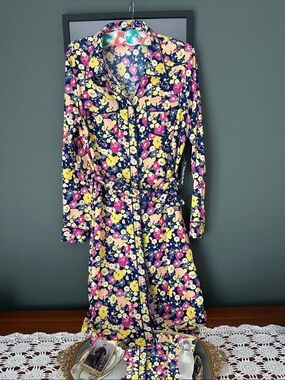 ModCloth Navy Floral Shirt Dress with Yellow and Pink Blooms